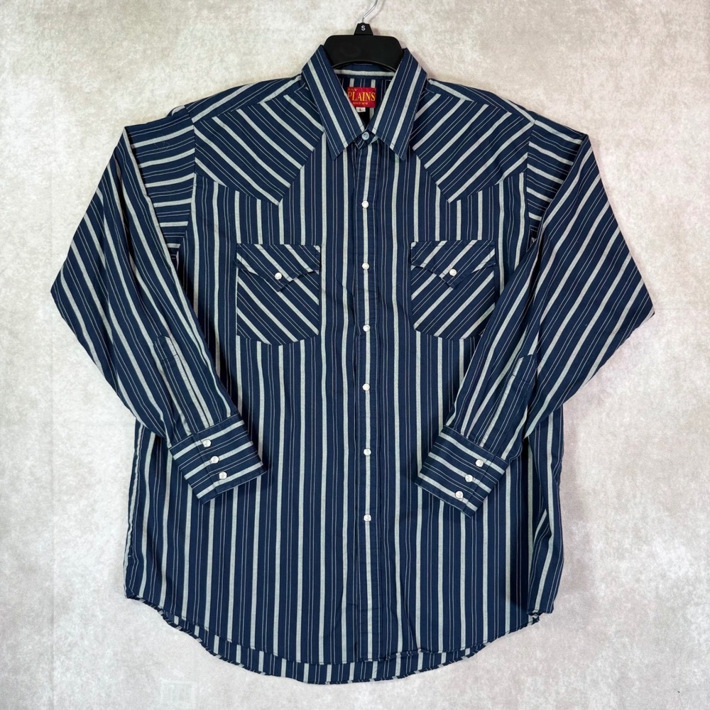 Ely Plains Western Shirt Mens Large Navy Grey Striped Pearl Snap Pointed Yoke